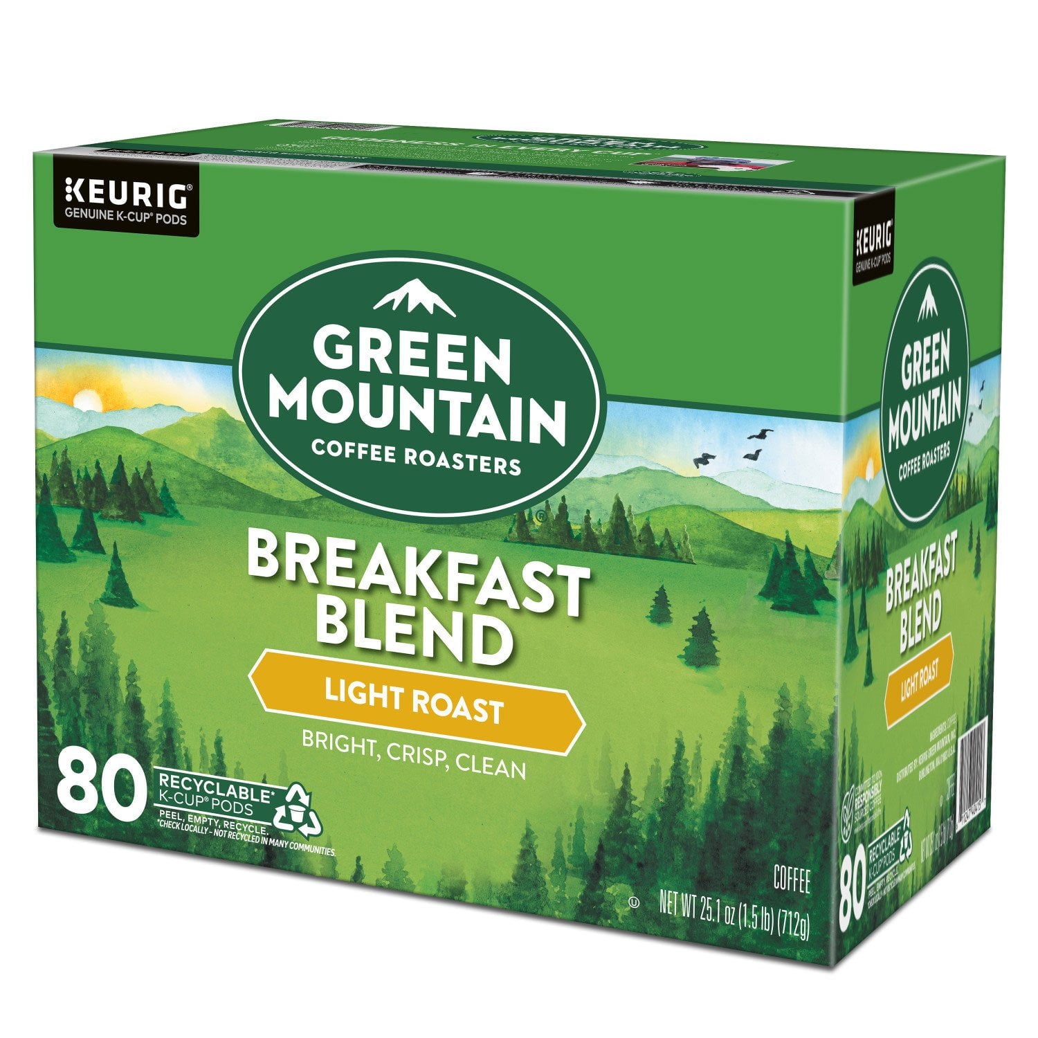 Green Mountain Coffee Roasters ライトローストコーヒーポッド、ブレックファストブレンド、80 個入り。
