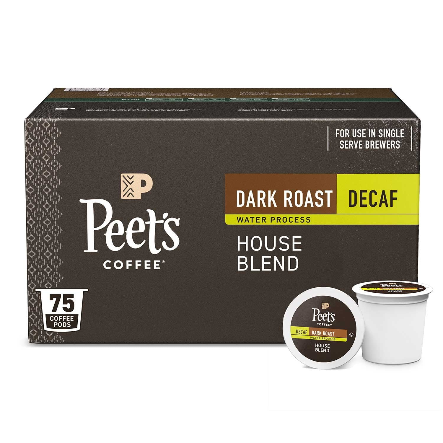 Peet's Coffee デカフェ ダークロースト K-Cup ポッド、ハウスブレンド 75 個入り。
