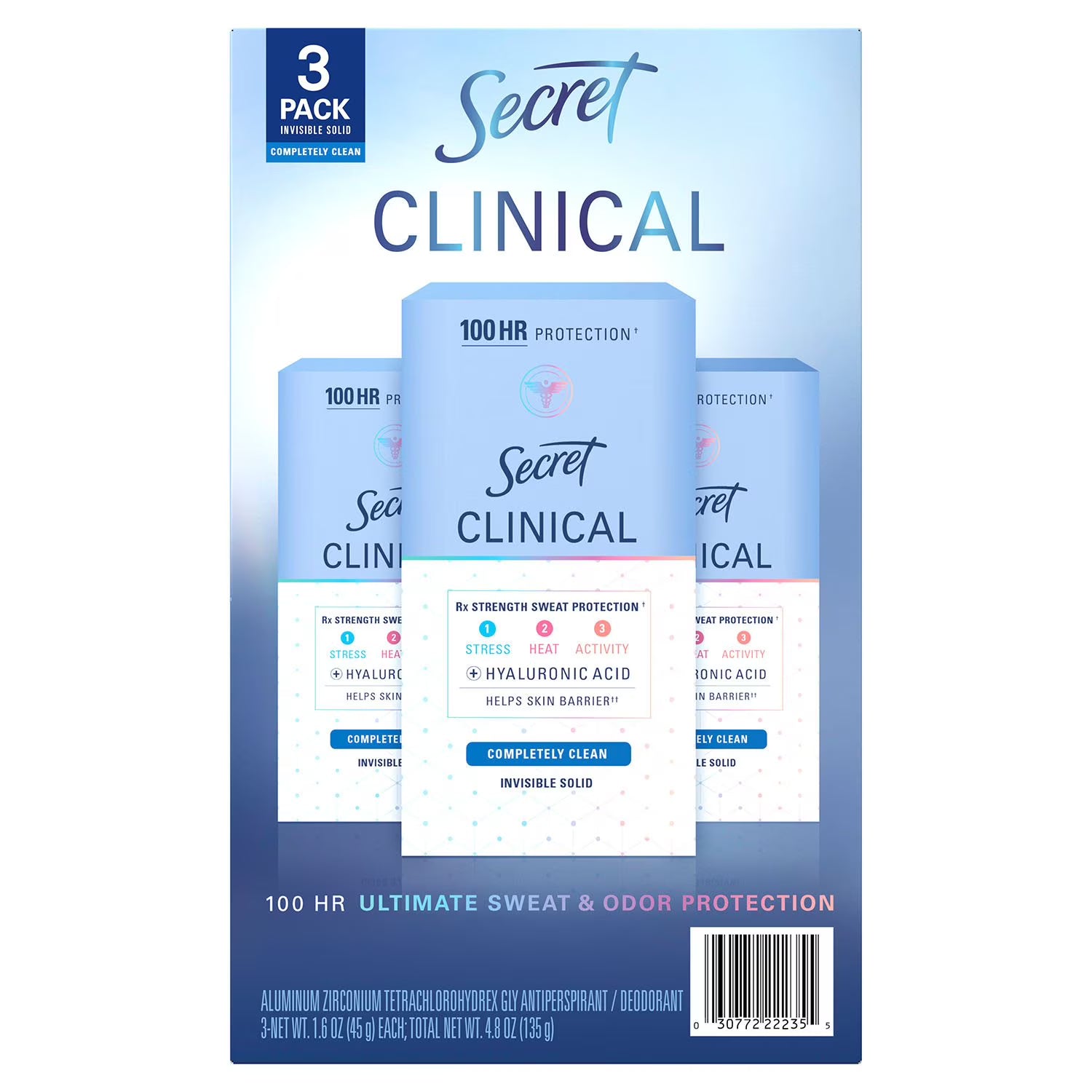 시크릿 클리니컬 스트렝스 인비저블 솔리드 안티퍼스피런트 데오드란트 컴플리트 클린 1.6 oz., 3 pk. – 강한 활동량의 일상에서도 솔리드 타입으로 깔끔한 사용감과 산뜻한 향
