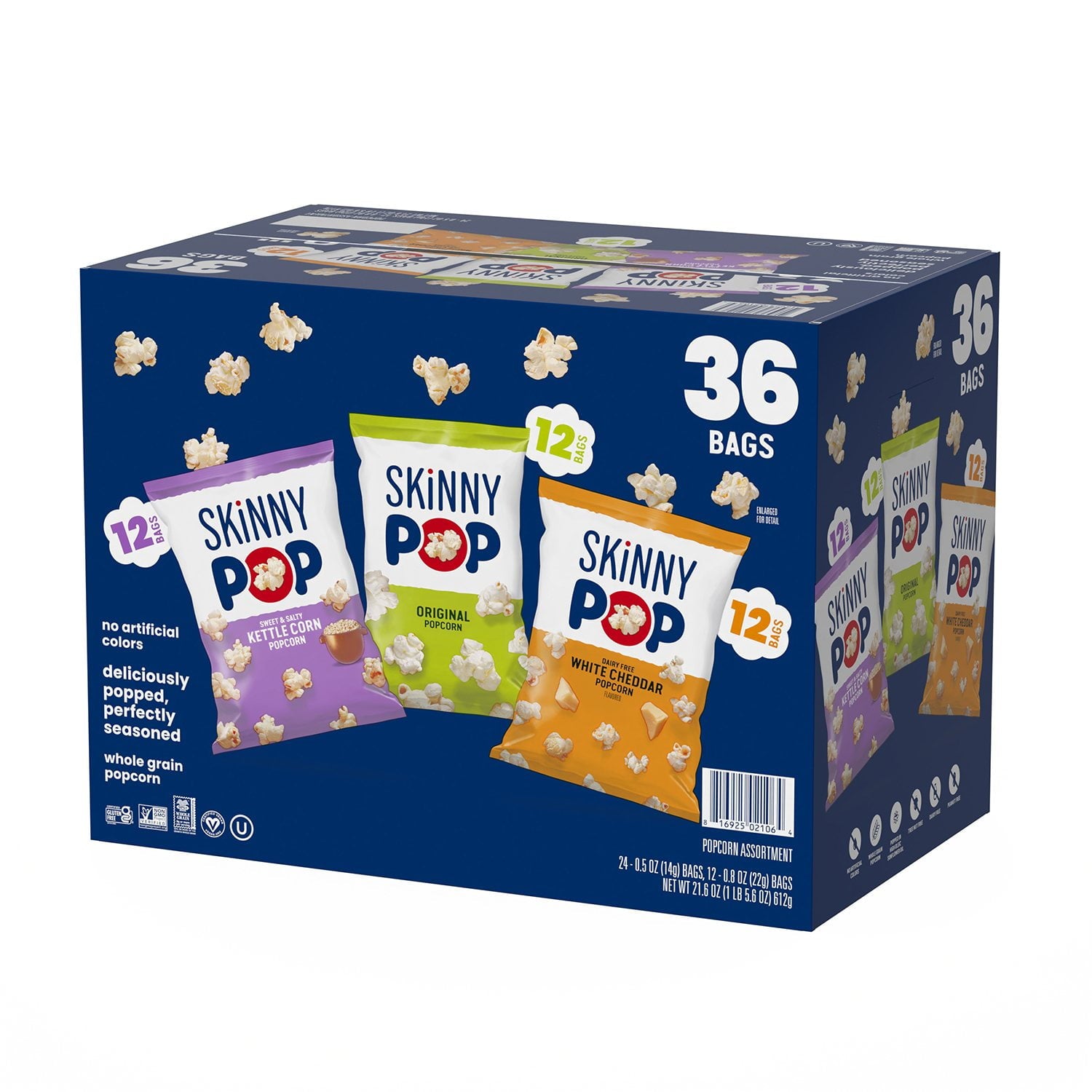 SkinnyPop バラエティ スナック パック ポップコーン、0.5 オンス、36 個入り。