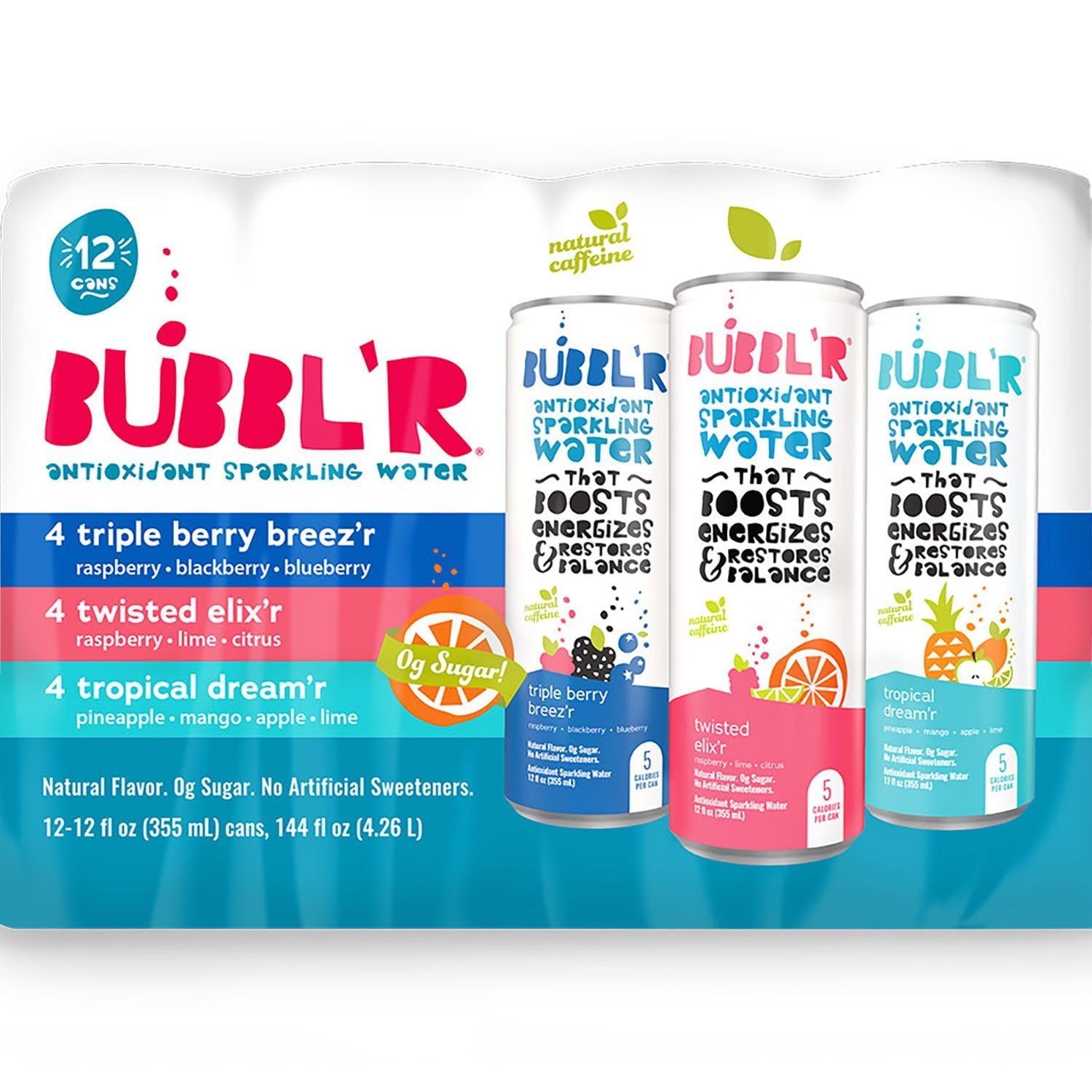 버블러 스파클링 워터 버라이어티 팩 12 fl. oz × 12 – 상큼한 과일향의 무설탕 탄산수