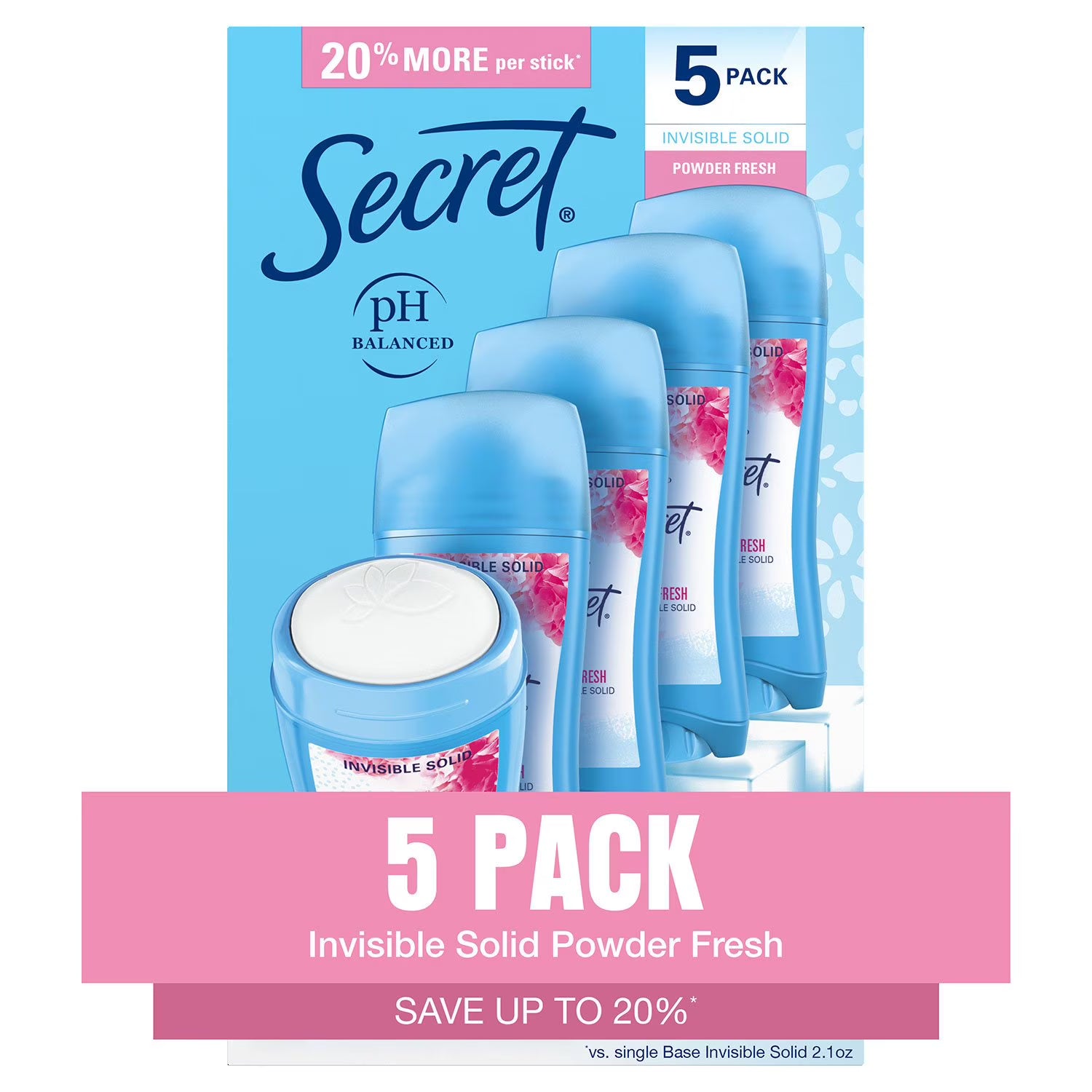 시크릿 인비저블 솔리드 안티퍼스피런트 데오드란트 파우더 프레시 2.6 oz., 5 pk. – 옷에 자국이 남기 쉬운 상황에서도 깔끔하게 사용 가능하며 산뜻한 파우더 향을 일상적으로 유지