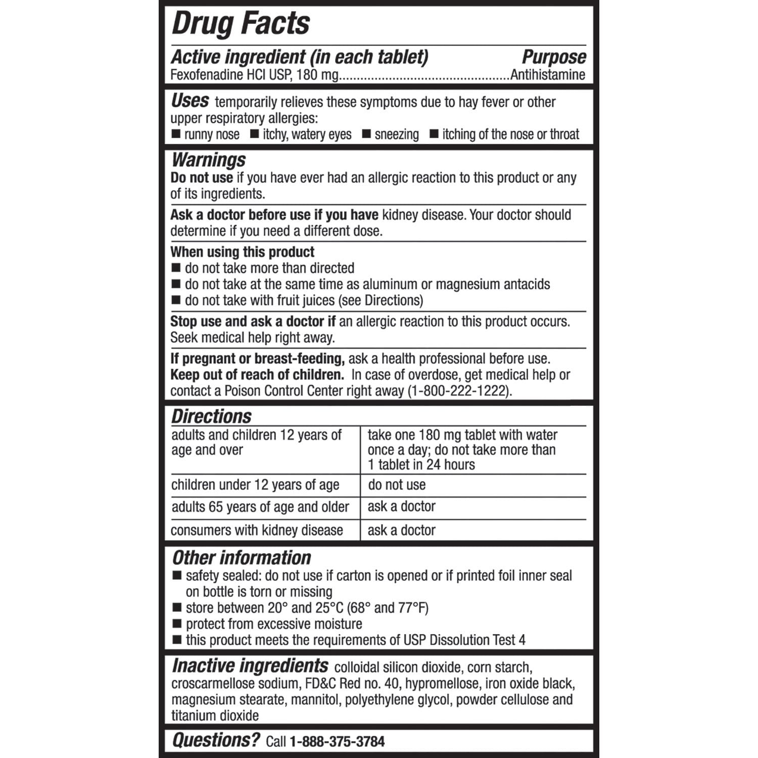 メンバーズマーク アレルギー緩和フェキソフェナジン HCl 錠 USP、180 mg、150 錠。
