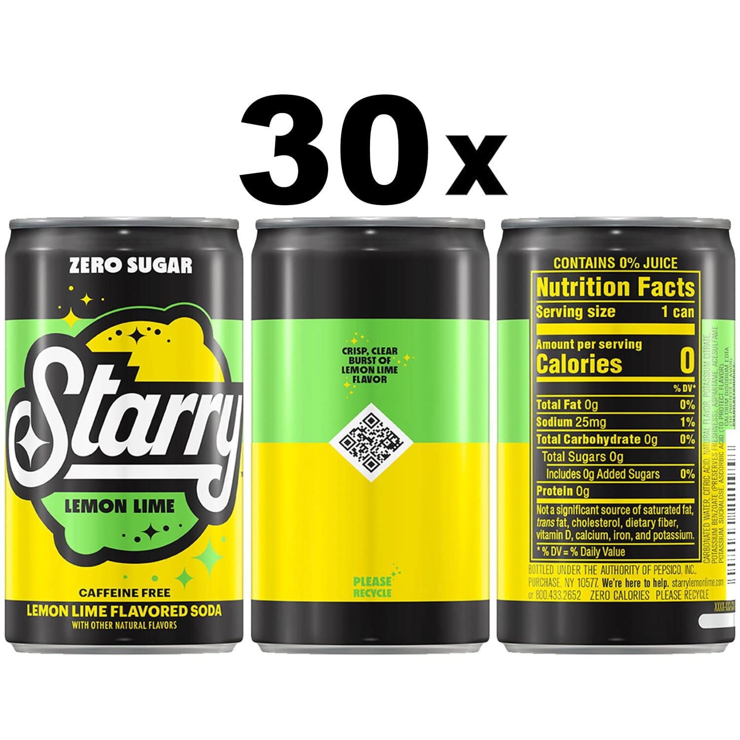 스타리 제로 슈거 레몬 라임 소다 미니캔, 7.5fl oz, 30팩