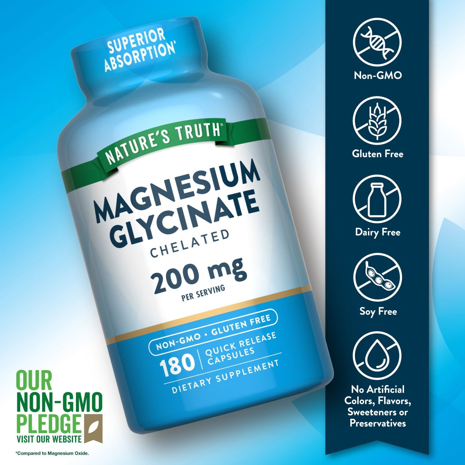 Nature's Truth マグネシウムグリシネートカプセル、200 mg、180 錠。