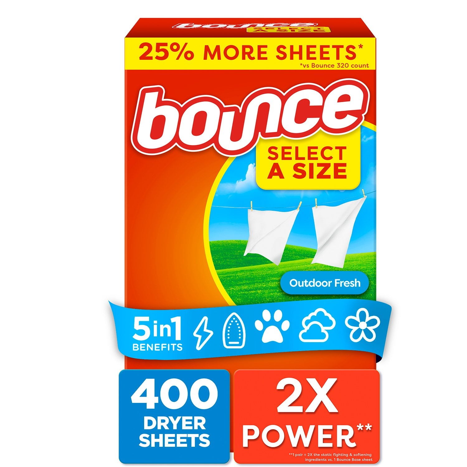 Bounce Select a Size 柔軟剤 乾燥機用シート、アウトドア用フレッシュ、400 枚入り。