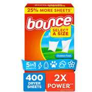 Bounce Select a Size 柔軟剤 乾燥機用シート、アウトドア用フレッシュ、400 枚入り。