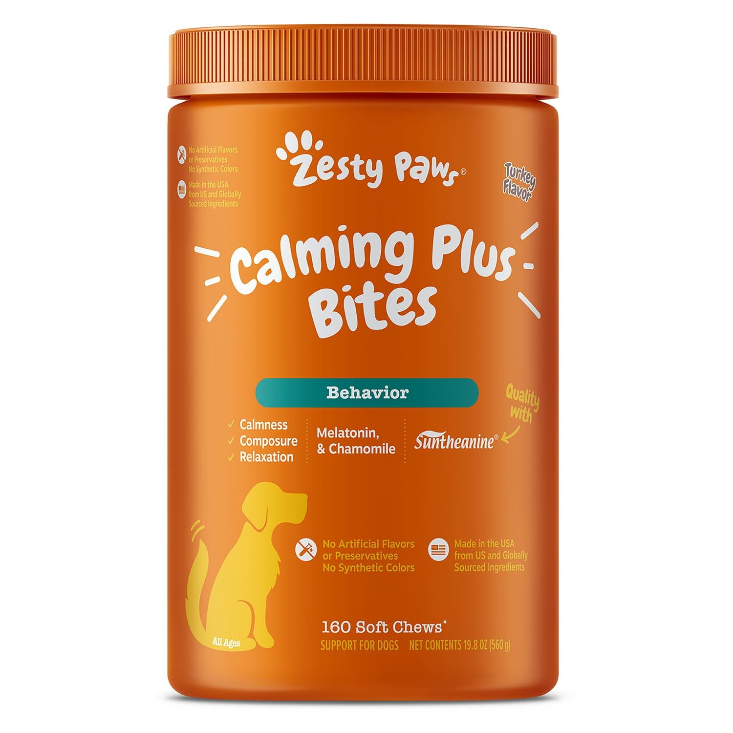 Zesty Paws Calming Plus Bites、ターキー、160 個入り。