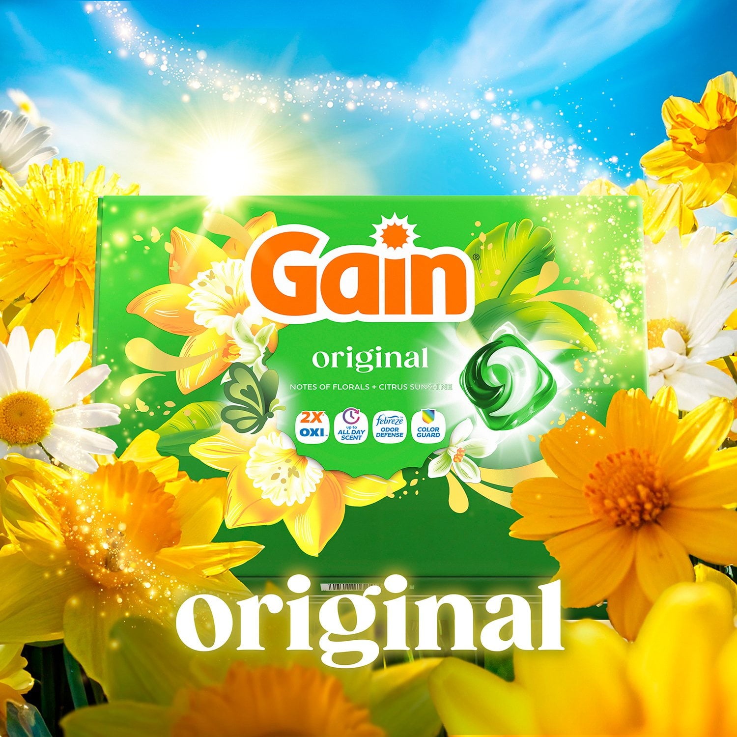 Gain Flings 4 in 1 洗濯洗剤パック、オリジナルの香り、152 個入り。