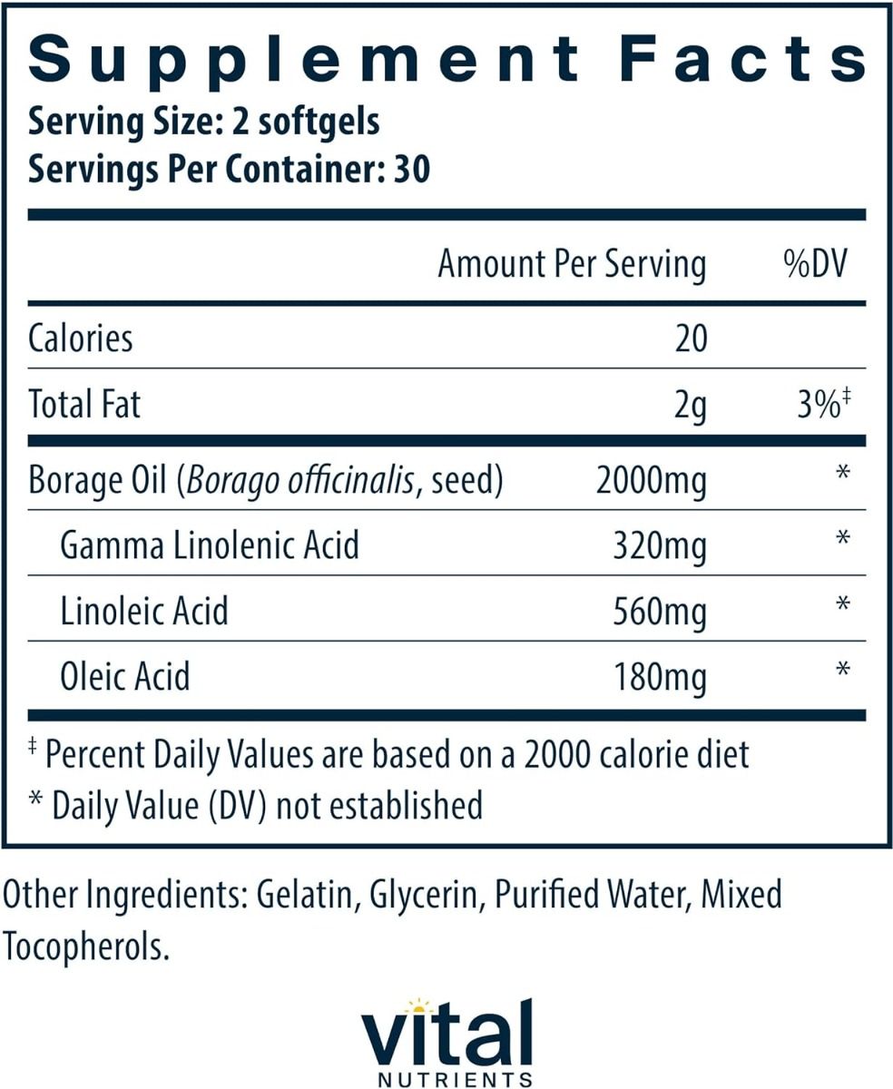 바이탈 뉴트리언스 보리지 오일 1000mg – 60 소프트젤 – 감마리놀렌산(GLA)을 함유한 보리지 오일로 피부 건조·여성 호르몬 변화가 신경 쓰이는 경우 선택되는 식물성 오일 포뮬러