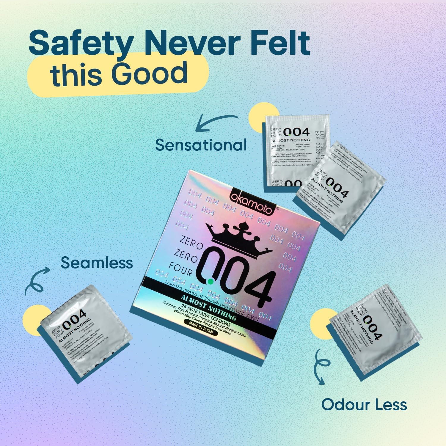 오카모토 004 얇은 콘돔 – 0.04mm 두께 · 쉐얼론 라텍스 · 부드러운 밀착감 · 53mm, 24개입