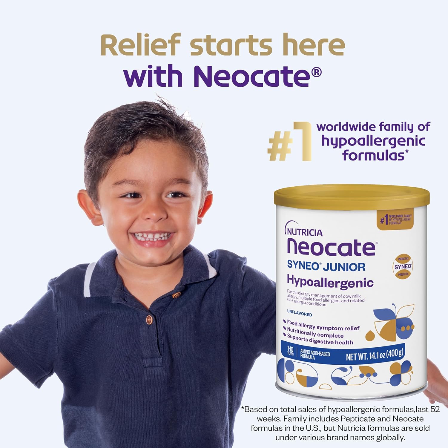 Nutricia Neocate Syneo Junior - 低刺激性、乳製品不使用、アミノ酸ベースの粉ミルク（1歳以上対象） - 幼児、子供、ティーン向け - 粉ミルク - Syneo Junior - 14.1オンス缶