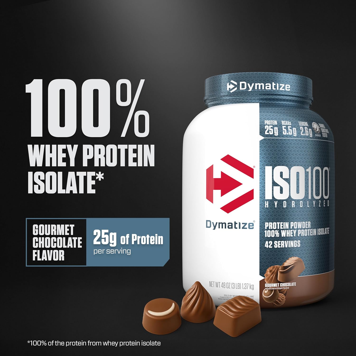 Dymatize ISO100加水分解プロテインパウダー、100%ホエイアイソレートプロテイン、タンパク質25g、BCAA 5.5g、グルテンフリー、速吸収、消化しやすい、グルメチョコレート、3ポンド