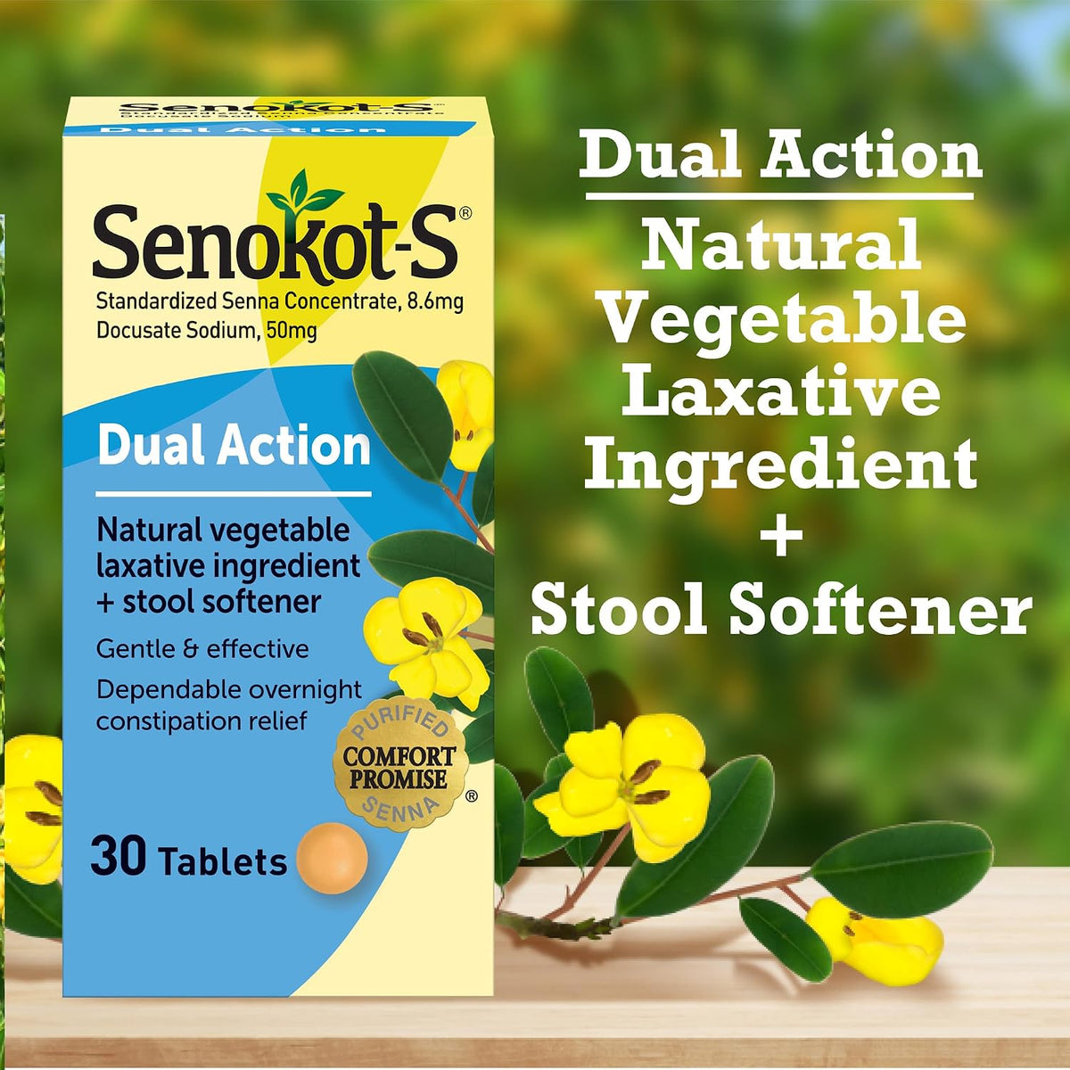 세노코트-S 듀얼 액션 센나 8.6mg + 도큐세이트 50mg – 30정 – 식물성 센나 완하 성분과 변 연화제를 한 알에 담아 밤사이 편안한 배변을 돕는 변비약
