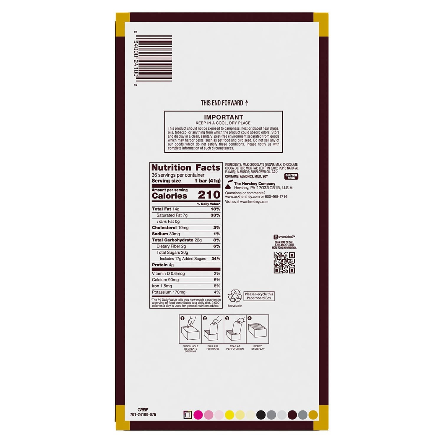 HERSHEY'S ミルクチョコレート アーモンド入りキャンディーバー、フルサイズ、1.45 オンス、36 個入り。