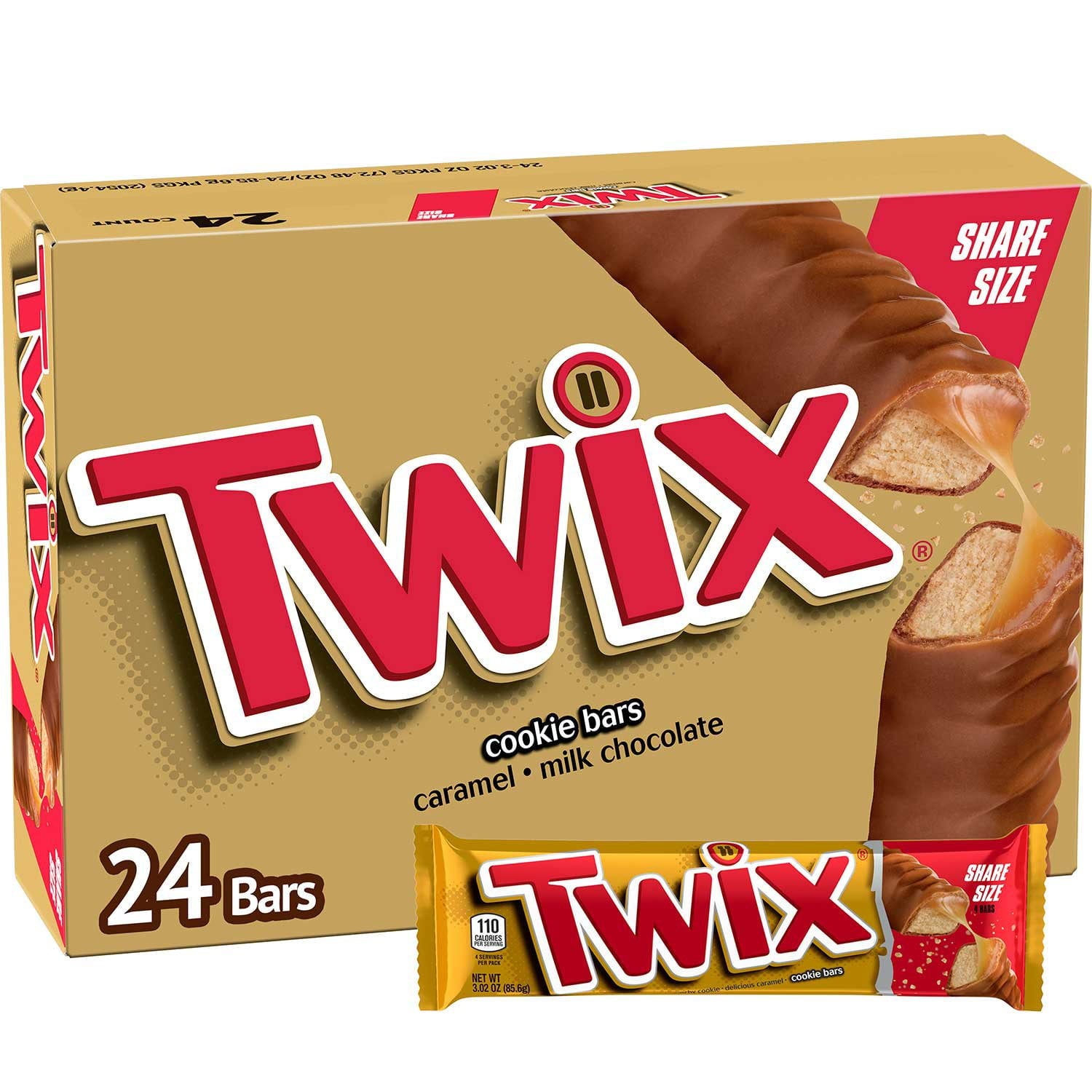 Twix キャラメル クッキー チョコレート キャンディー バー、シェア サイズ、3.02 オンス、24 個入り。