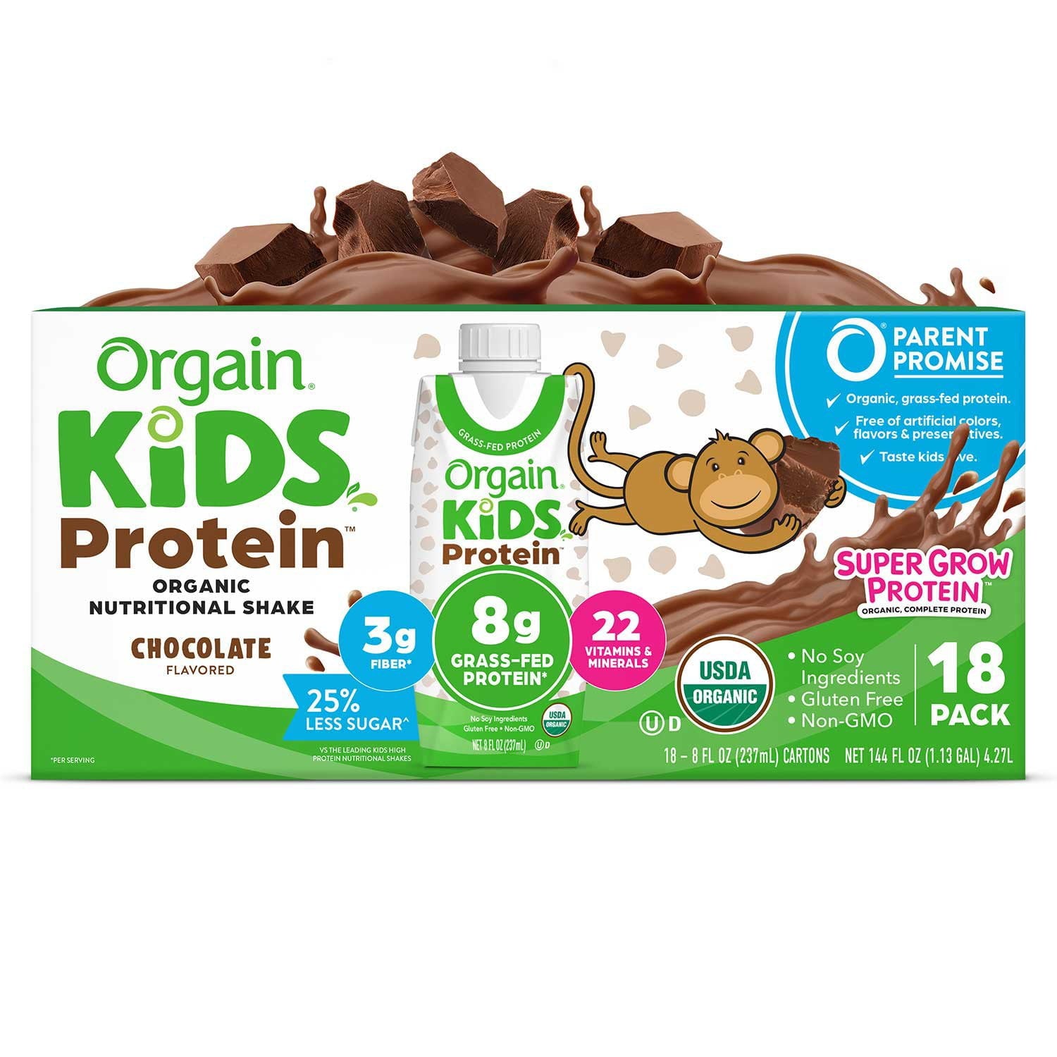 Orgain Kids 8g プロテイン オーガニック 栄養シェイク、チョコレート、8 液量オンス、18 パック。