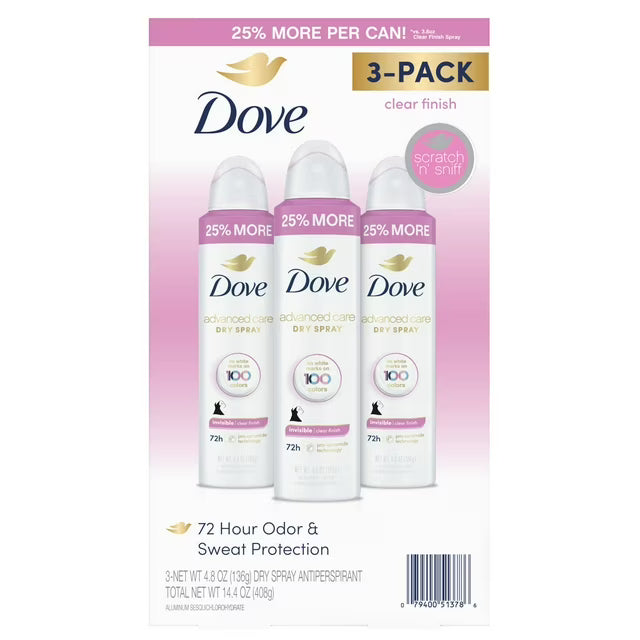 도브 어드밴스드 케어 클리어 피니시 안티퍼스피런트 스프레이 4.8 oz., 3 pk. – 분사형 타입으로 옷에 잔여감이 적고 데일리 사용