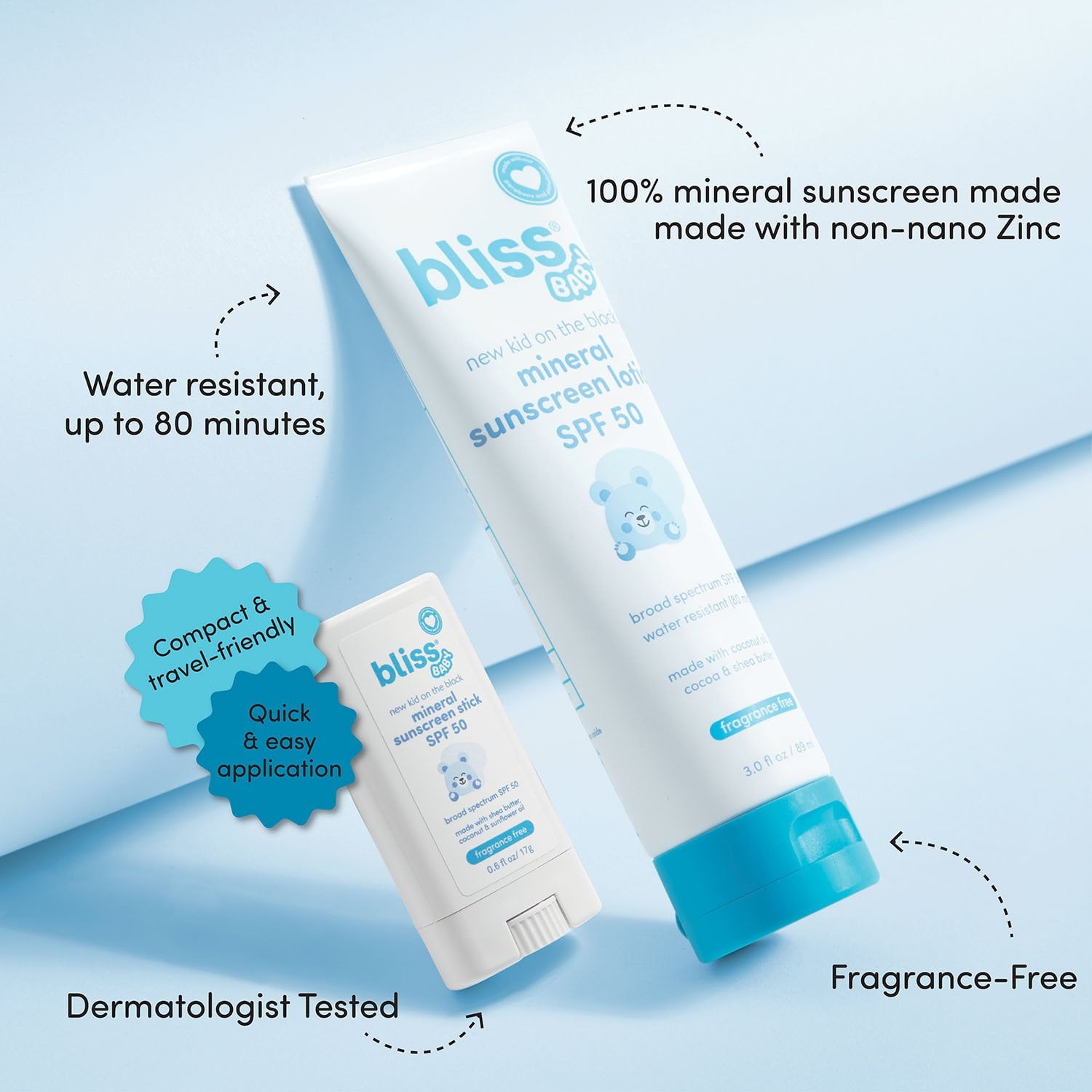 블리스 베이비 미네랄 선로션 & 스틱 SPF 50 – 유아용 저자극 선케어