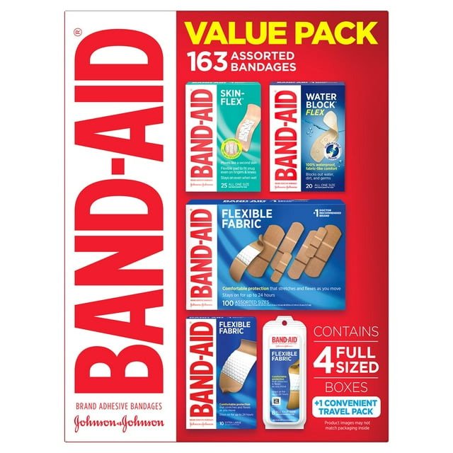 BAND-AID 粘着包帯、バラエティパック、163 枚入り。