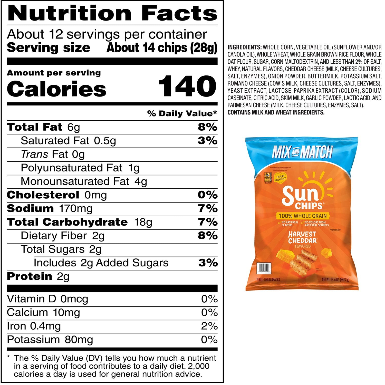 SunChips 全粒穀物ハーベストチェダーチップス、12.25 オンス。
