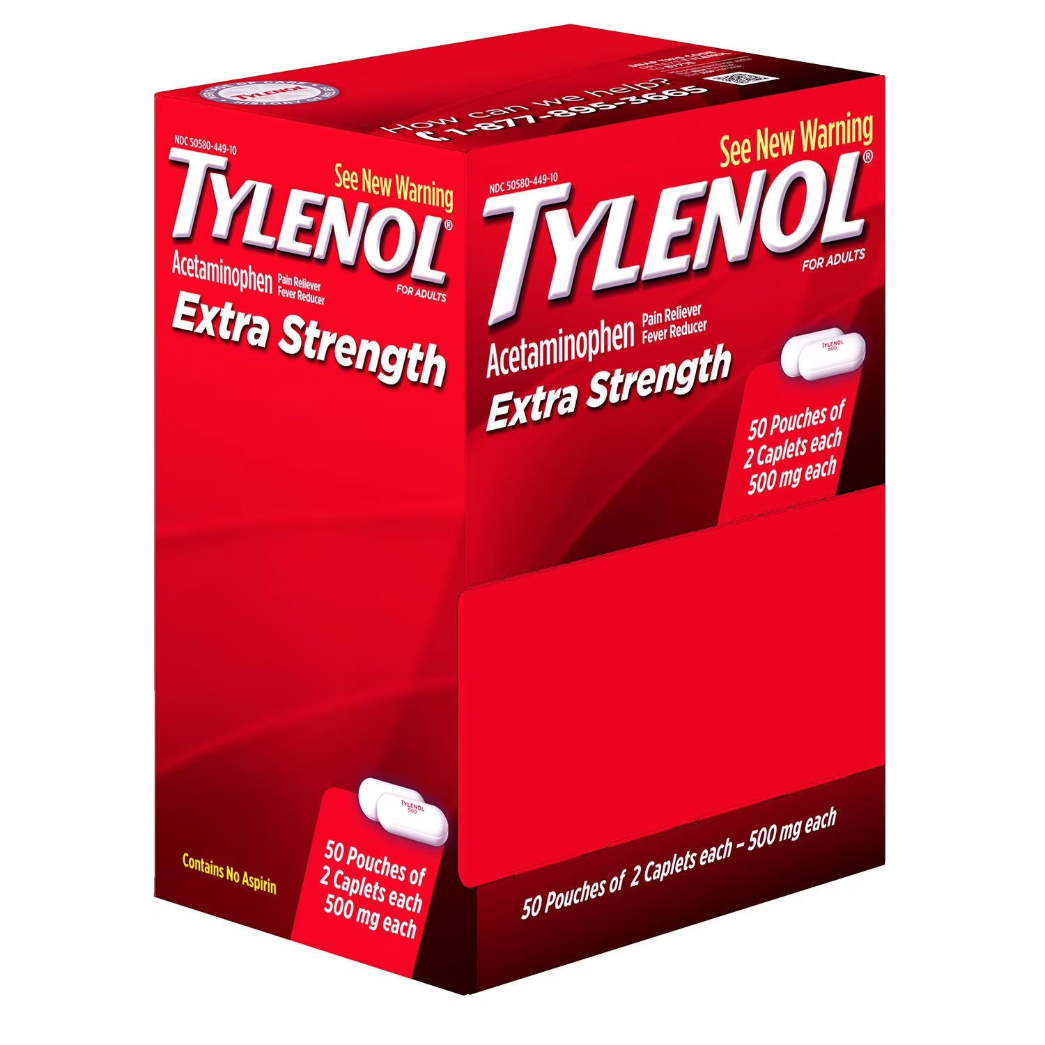 타이레놀 엑스트라 스트렝스 아세트아미노펜 500mg 개별 포장 50팩 × 2정 – 총 100정 · 두통 · 근육통 · 허리통증 · 치통 · 해열 진통