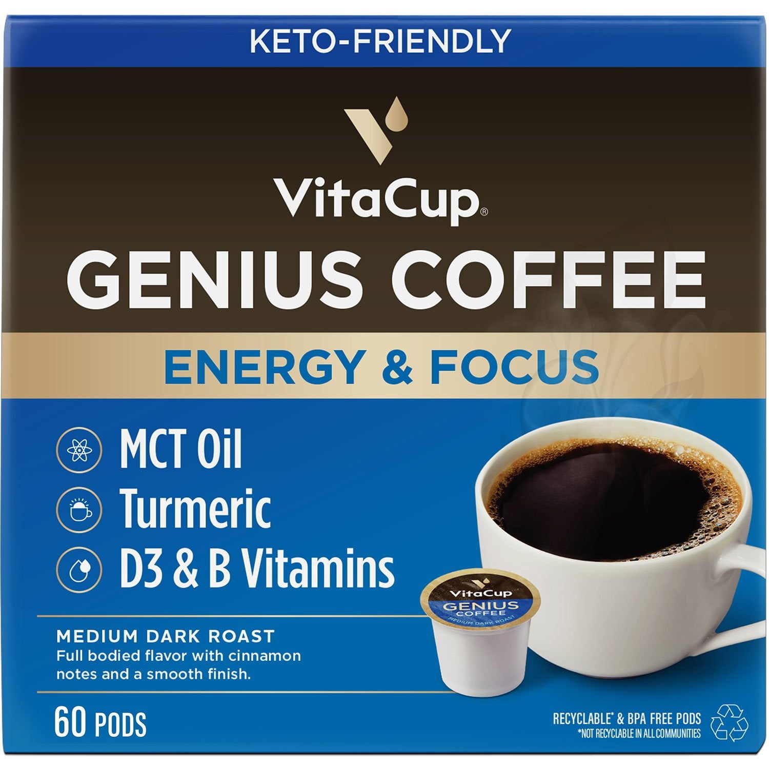 VitaCup ミディアムダークロースト シングルサーブコーヒーポッド、Genius Blend 60 個入り。