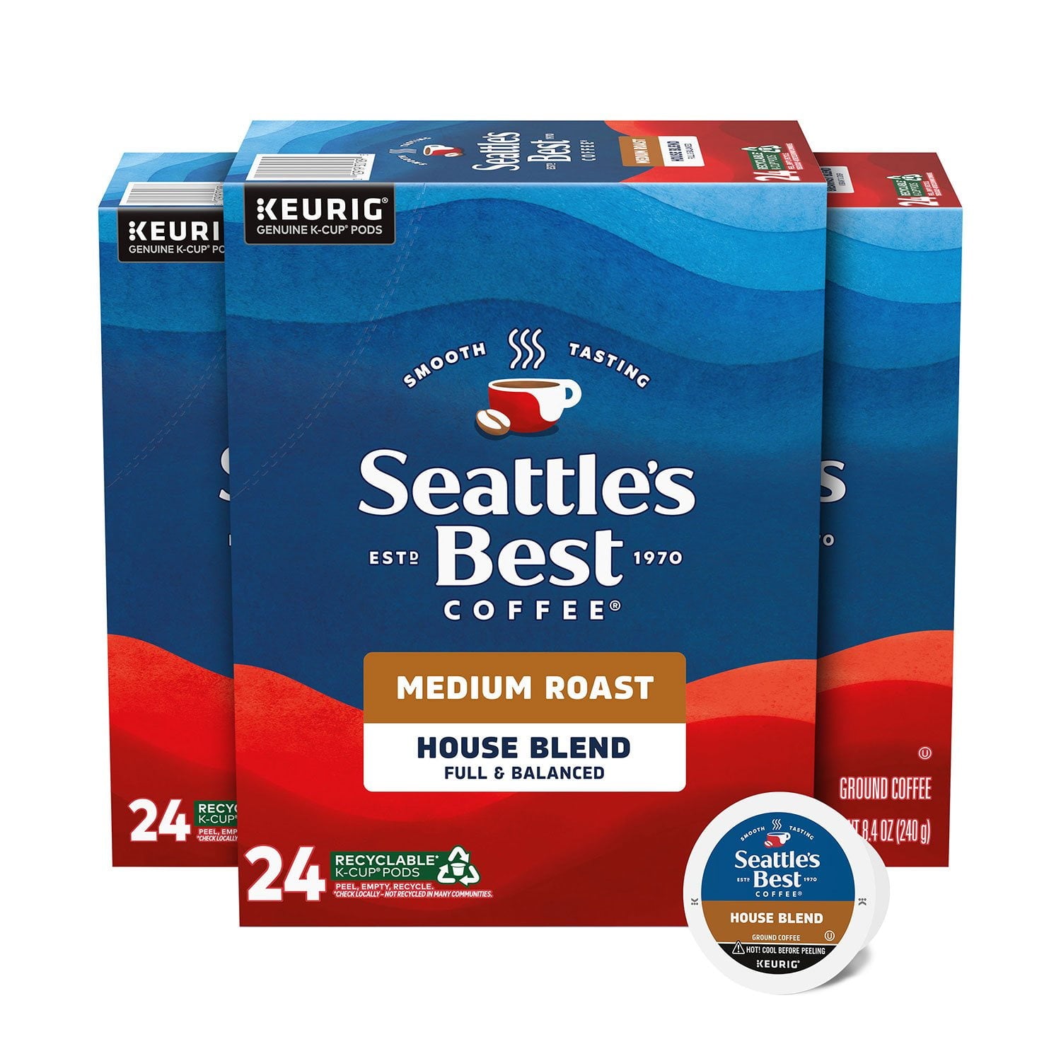 シアトルズベストコーヒー ミディアムロースト K-Cup コーヒーポッド、ハウスブレンド、72 個入り。