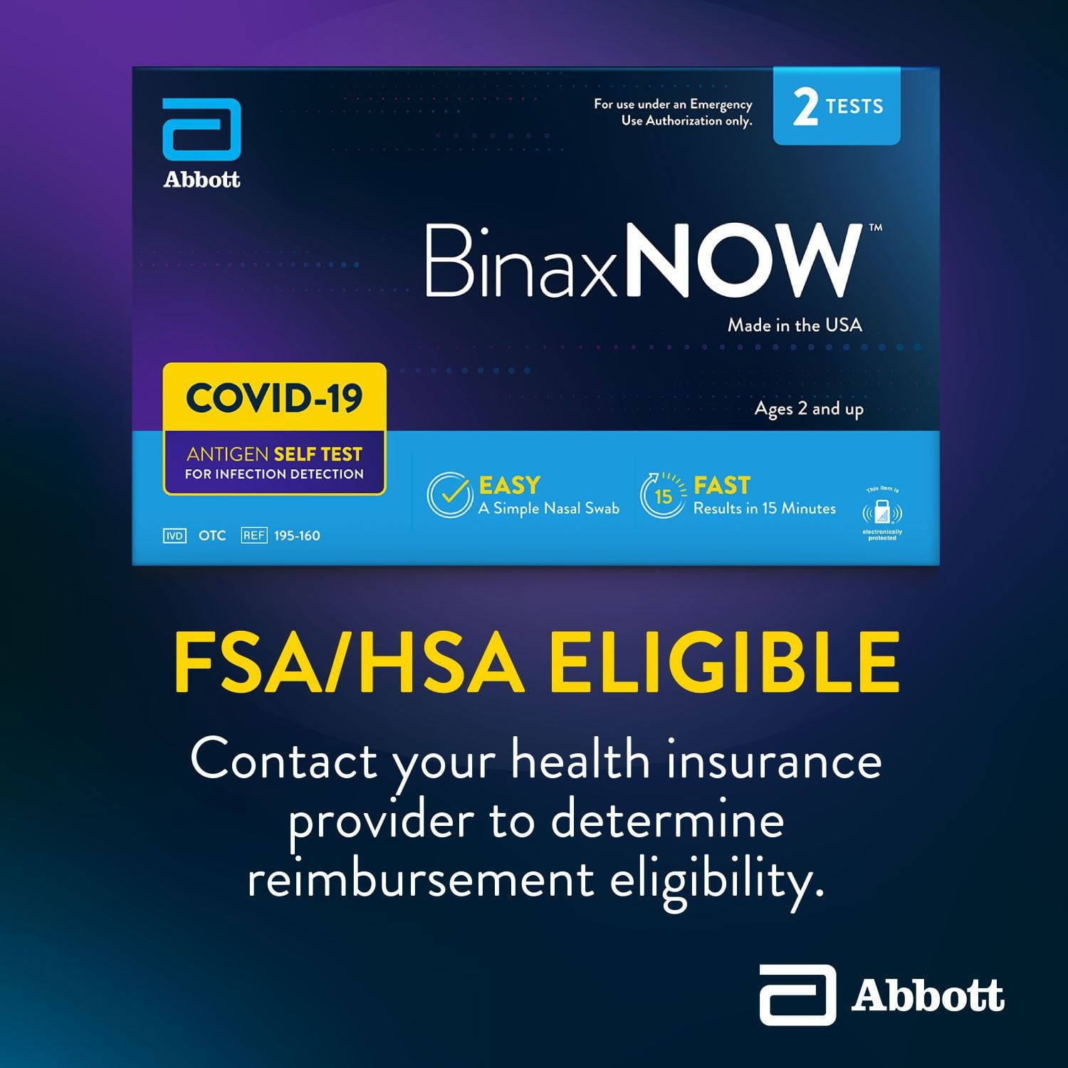 BinaxNOW COVID-19 抗原セルフテスト、2個入り。