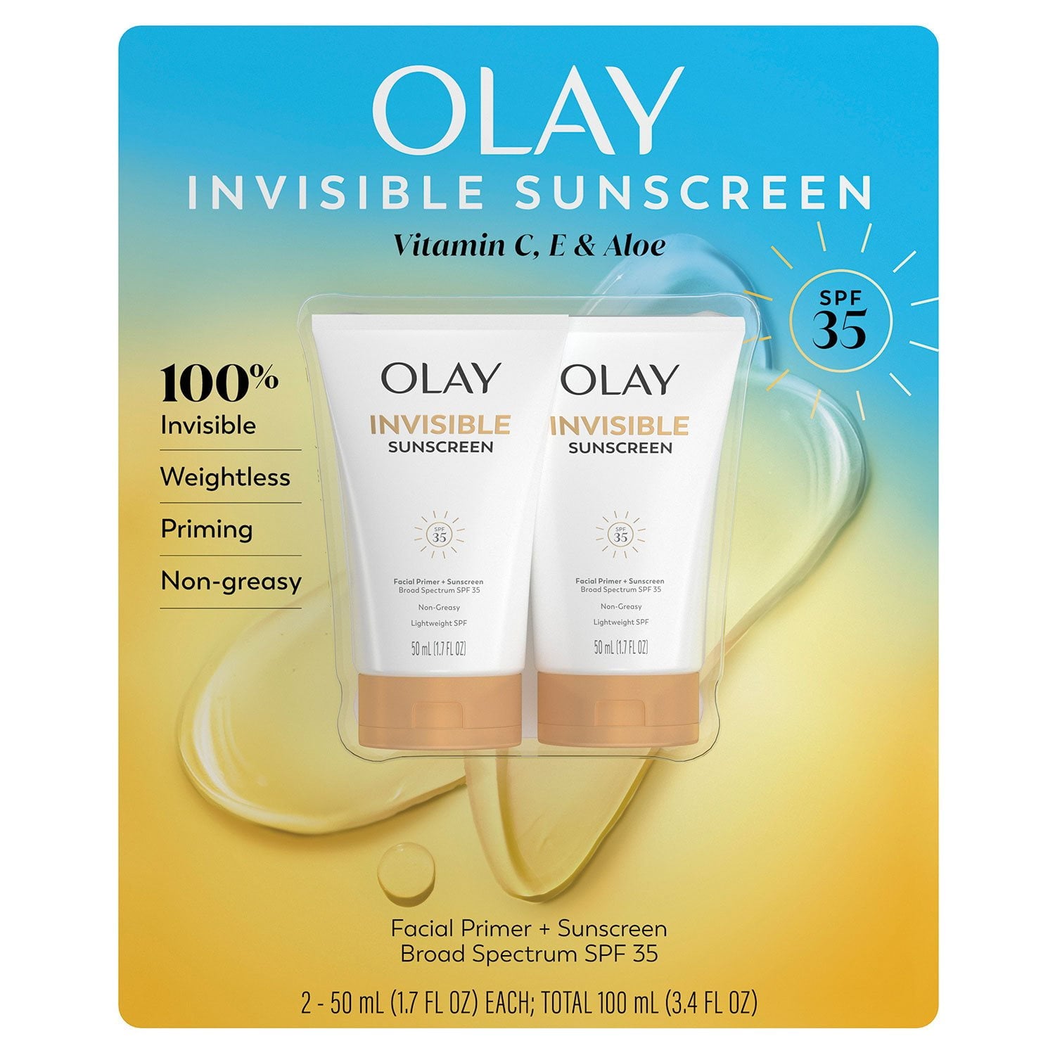 올레이 인비저블 선스크린 SPF 35 + 프라이머 1.7 fl. oz × 2 – 메이크업 겸용 선케어