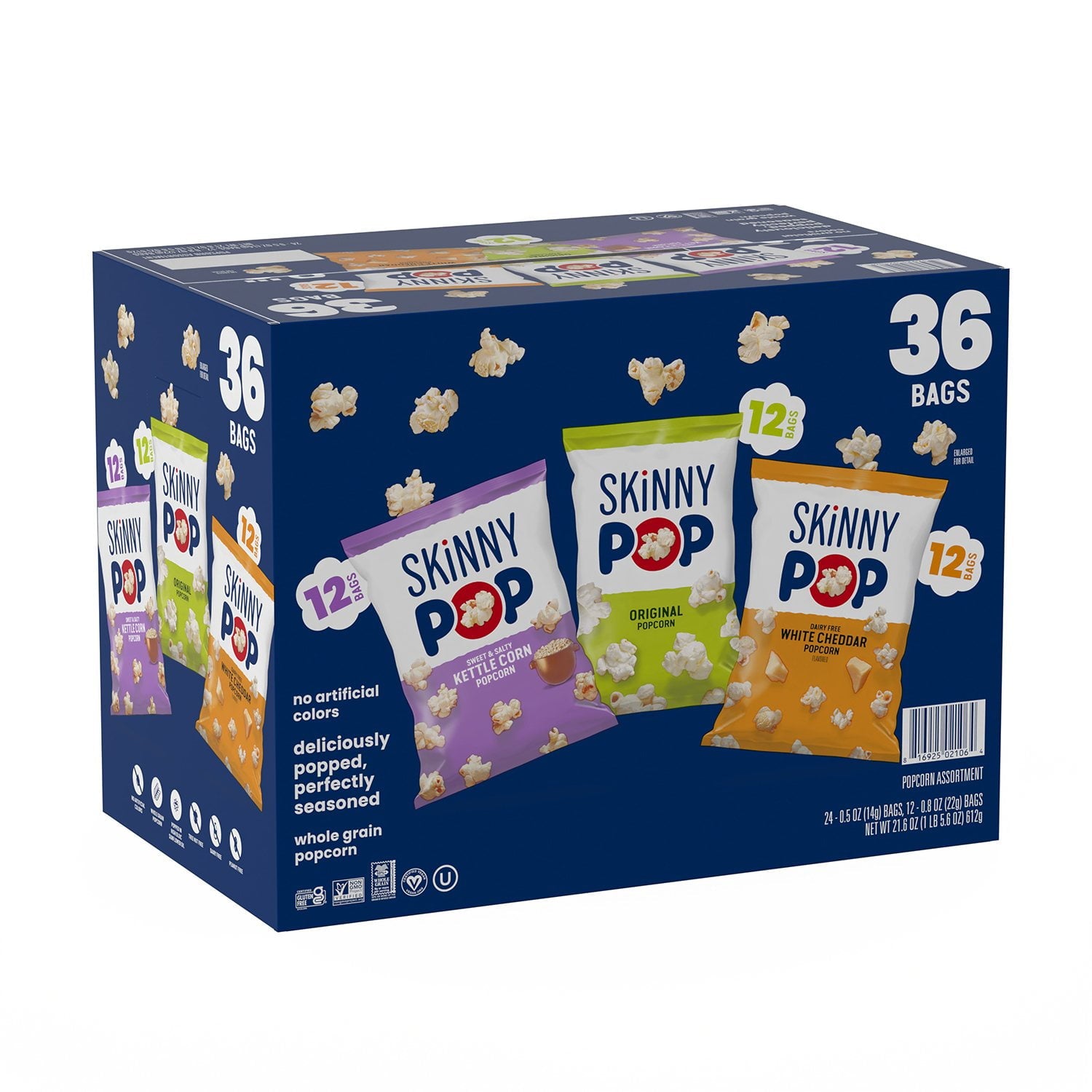 SkinnyPop バラエティ スナック パック ポップコーン、0.5 オンス、36 個入り。