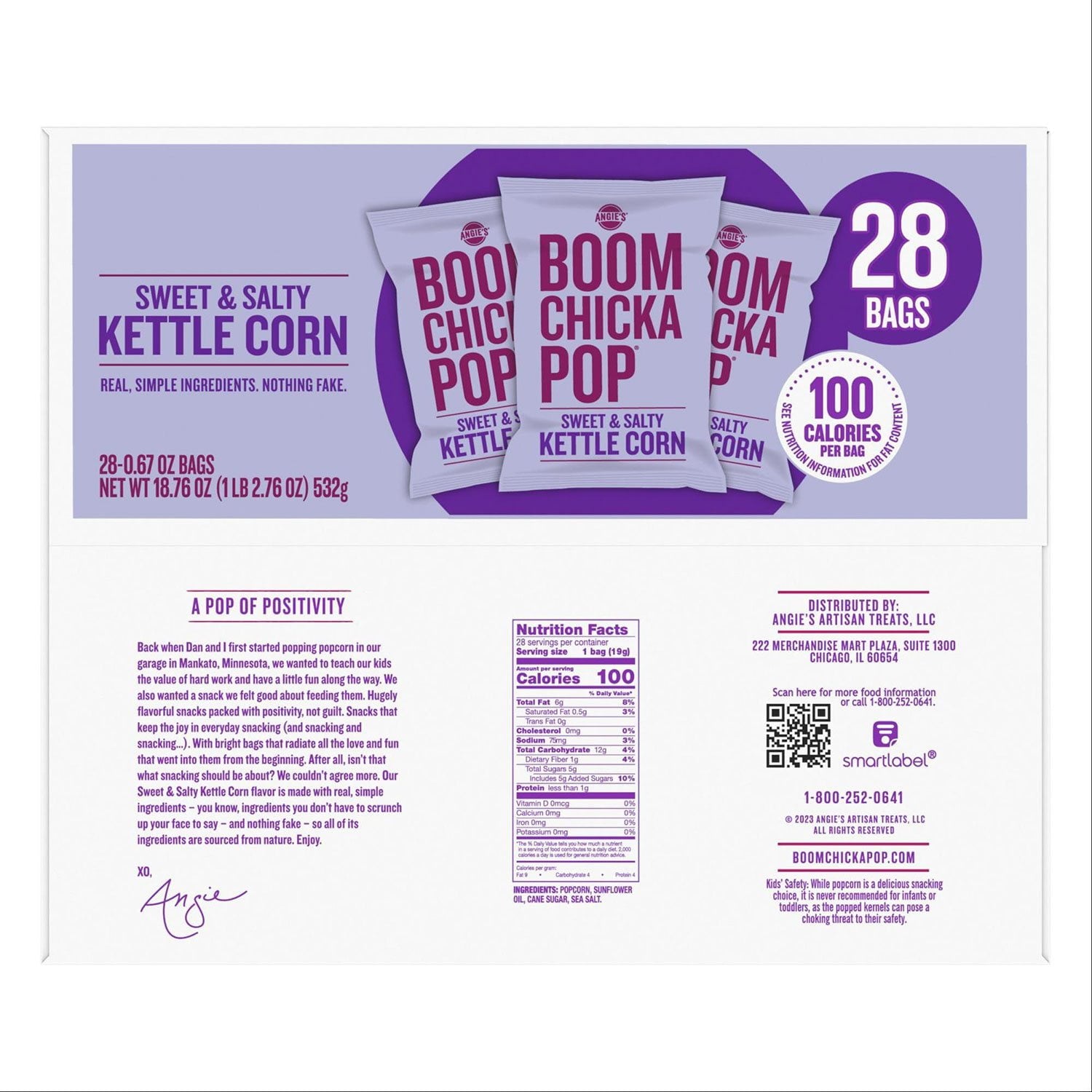 Angie's BOOMCHICKAPOP 甘くて塩味のケトルコーンポップコーン、0.67 オンス、28 個入り。
