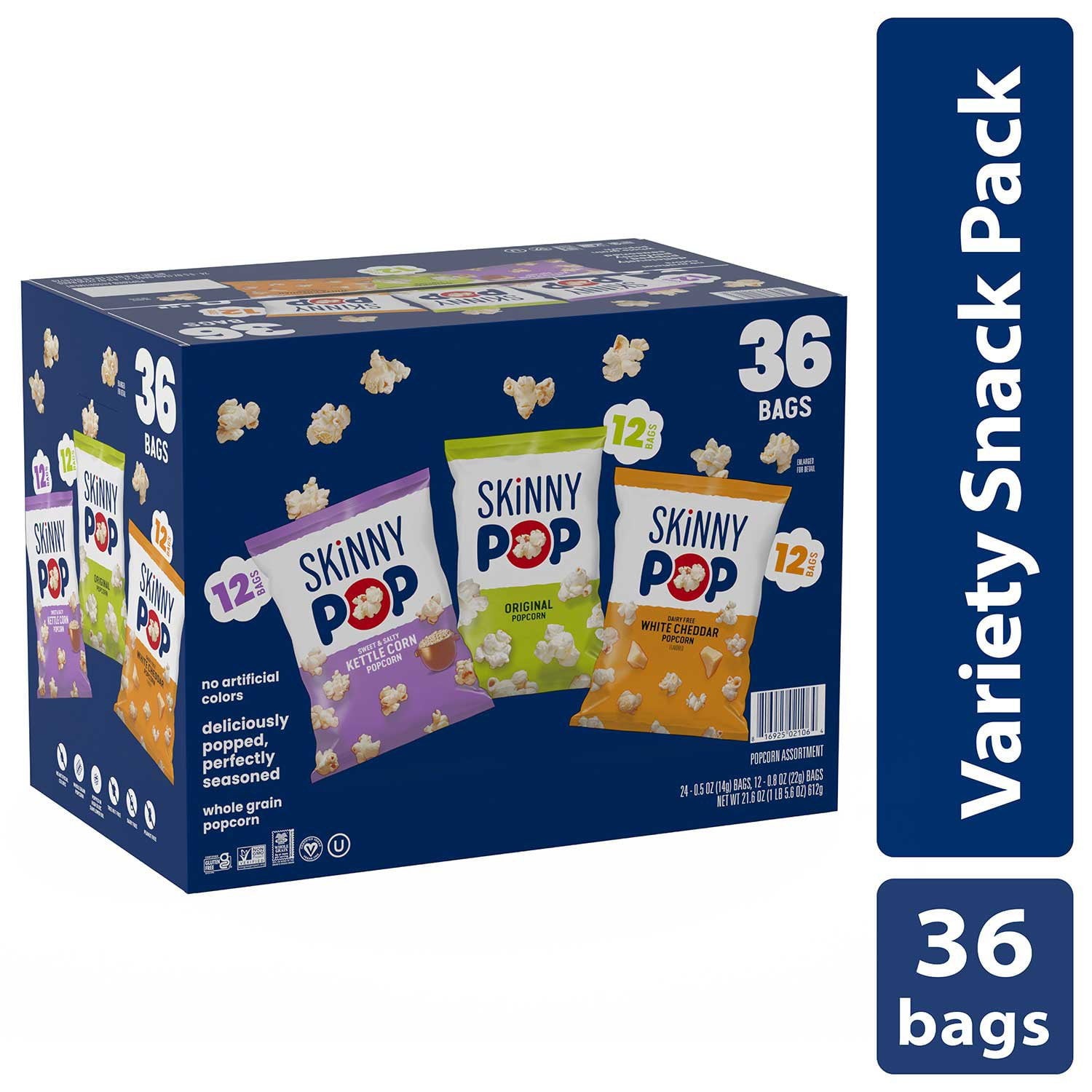 SkinnyPop バラエティ スナック パック ポップコーン、0.5 オンス、36 個入り。
