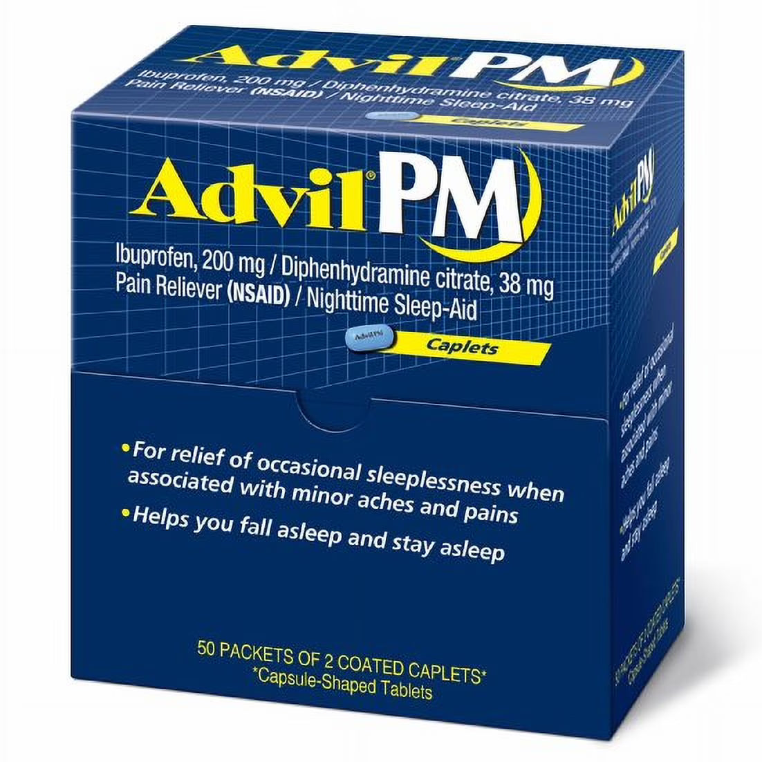 애드빌 PM 야간용 진통제 이부프로펜 200mg 디펜히드라민 시트레이트 38mg 2정씩 50팩 총 100정 통증 완화 수면 보조 제품 이미지