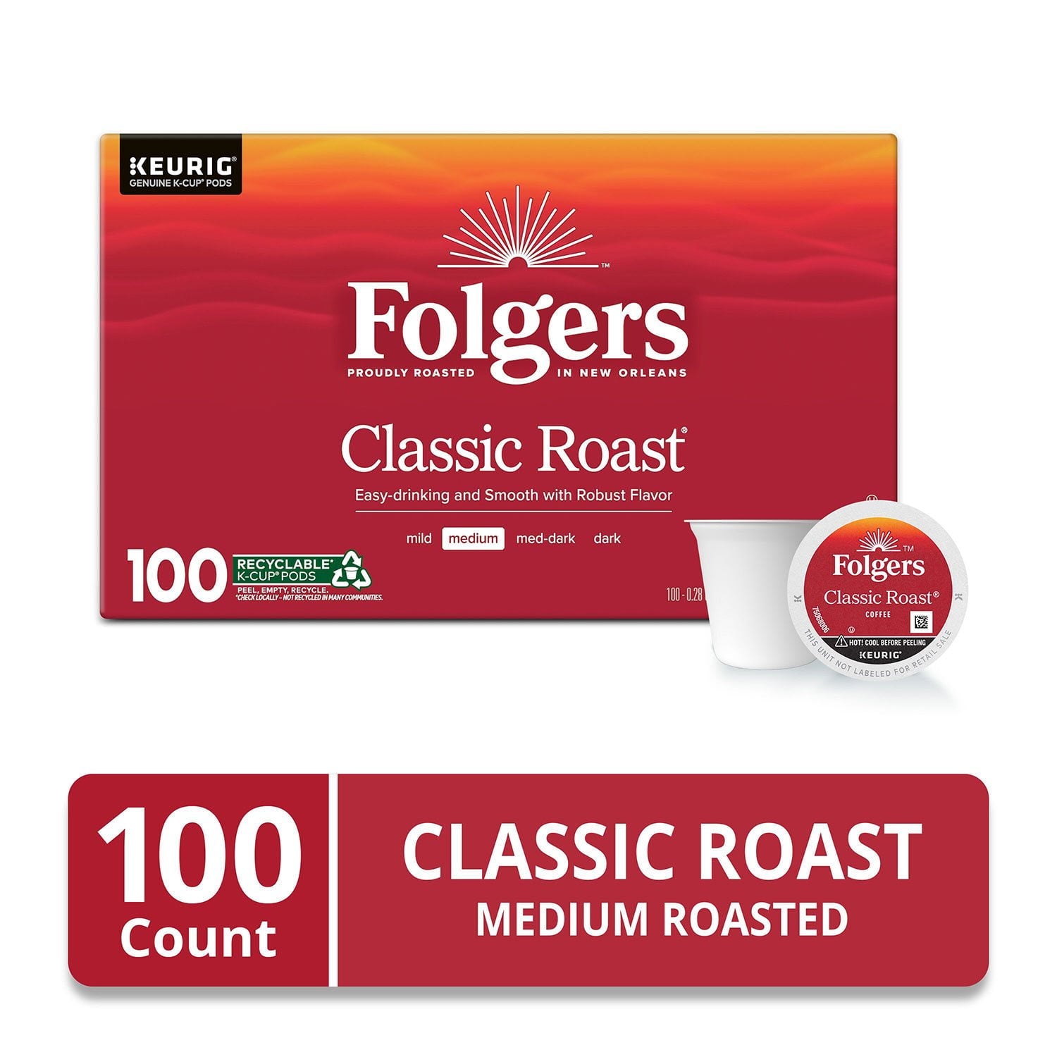 フォルジャーズ クラシック ミディアムロースト K-Cup コーヒーポッド、100 個入り。