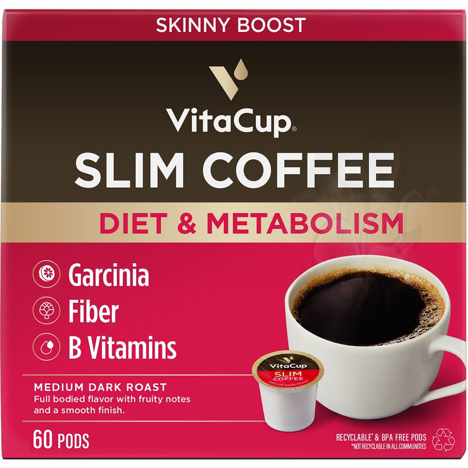 VitaCup ミディアムダークロースト シングルサーブコーヒーカップ、スリムブレンド 60 個入り。