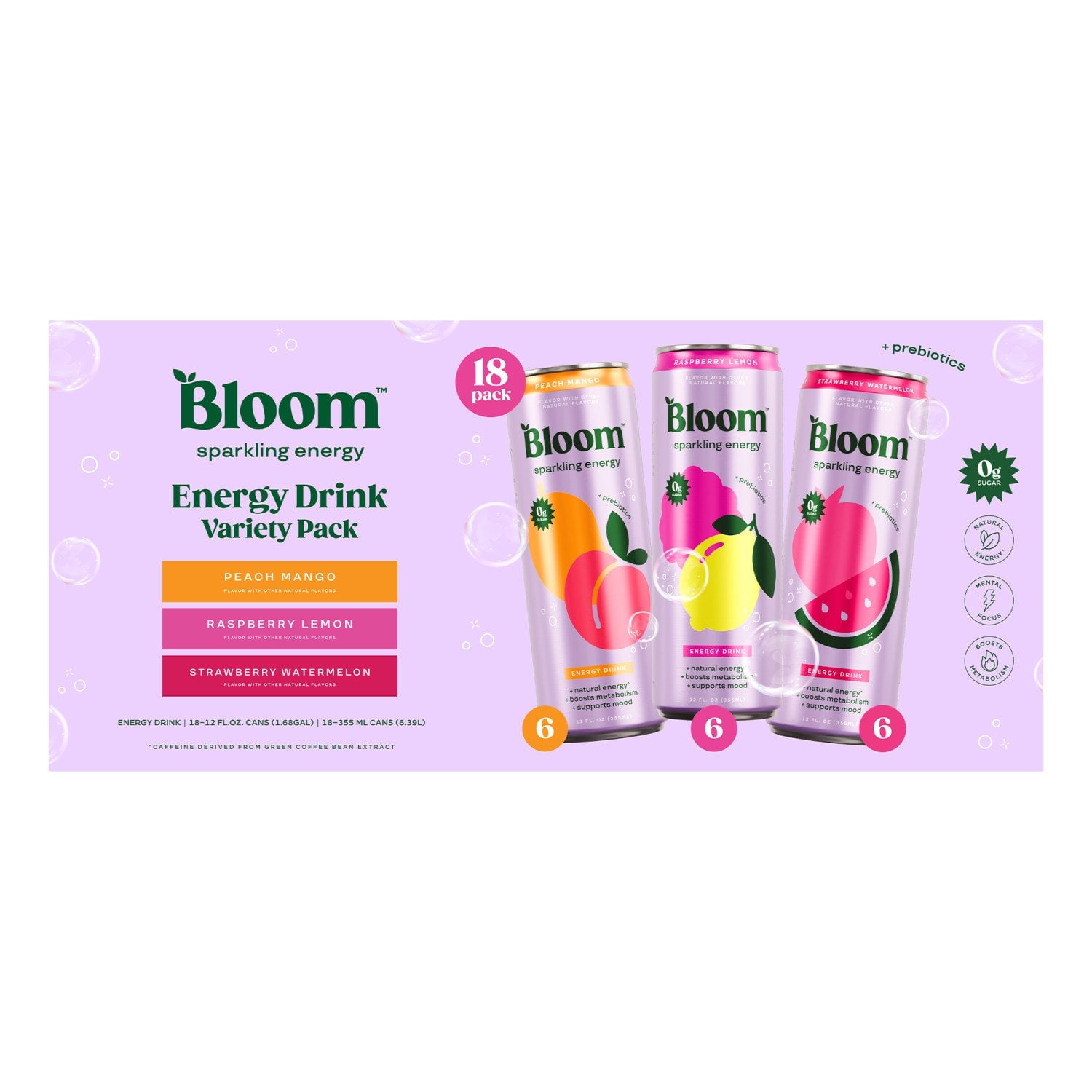블룸 스파클링 에너지 12 fl. oz × 18 – 식물성 에너지 음료