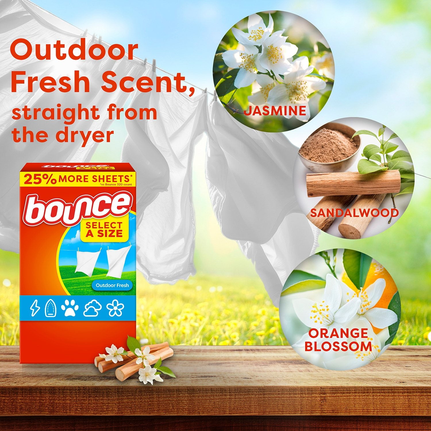 Bounce Select a Size 柔軟剤 乾燥機用シート、アウトドア用フレッシュ、400 枚入り。