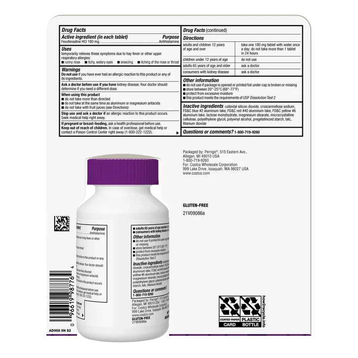 カークランドシグネチャー アレルフェックス抗ヒスタミン剤 180 mg、180錠