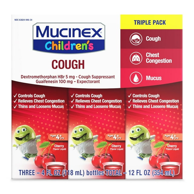 Mucinex 子供用液体風邪薬・咳止め薬、チェリー味 4 液量オンス、3 個パック