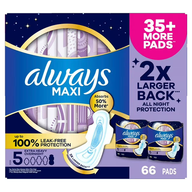 올웨이즈 맥시 오버나이트 날개형 생리대 사이즈 5 66 ct. – 도톰한 맥시 타입으로 밤 시간대 사용을 고려한 안정적인 착용감