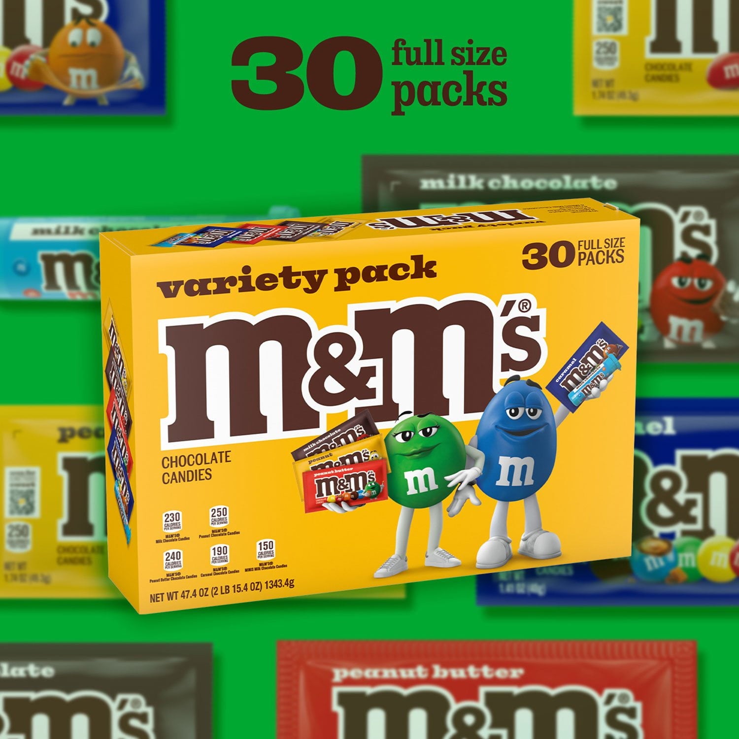 M&amp;M'S バラエティパック チョコレートキャンディ、フルサイズ、30 個入り。