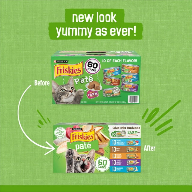 ピュリナ フリスキーズ バラエティパック、成猫用パテウェットキャットフード、5.5 オンス、60 個入り。