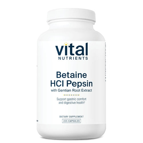 바이탈 뉴트리언스 베타인 HCl + 펩신 + 젠티안 루트 – 225캡슐 – 위산 부족으로 인한 소화 불량 보조