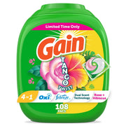 ゲインフリングス タンゴツイスト 洗濯洗剤パック、ローズ + ハイビスカスの香り、108 個入り。