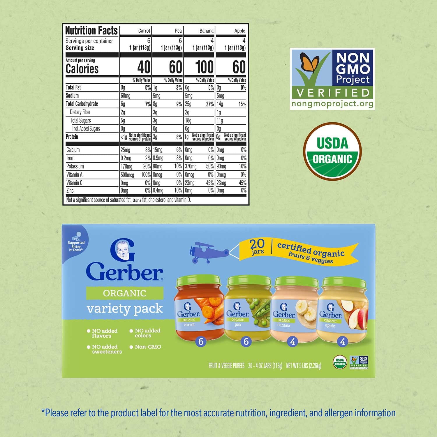 Gerber 1st Foods オーガニック ベビーフード、フルーツ &amp; 野菜バリューパック、4 オンス、20 個入り。