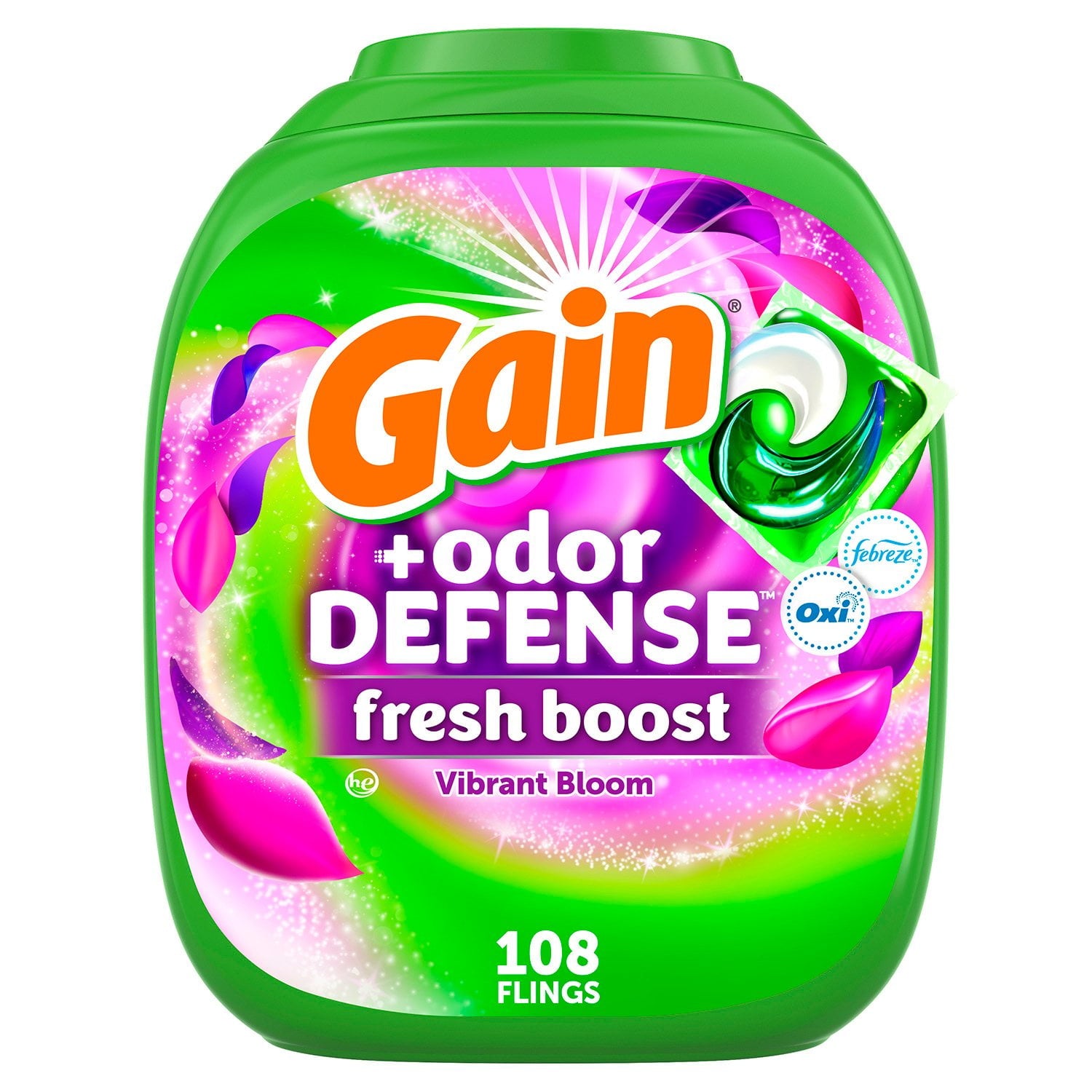 欲望を満たそう！消臭フレッシュブースト洗濯洗剤パック、鮮やかな花、108個入り。
