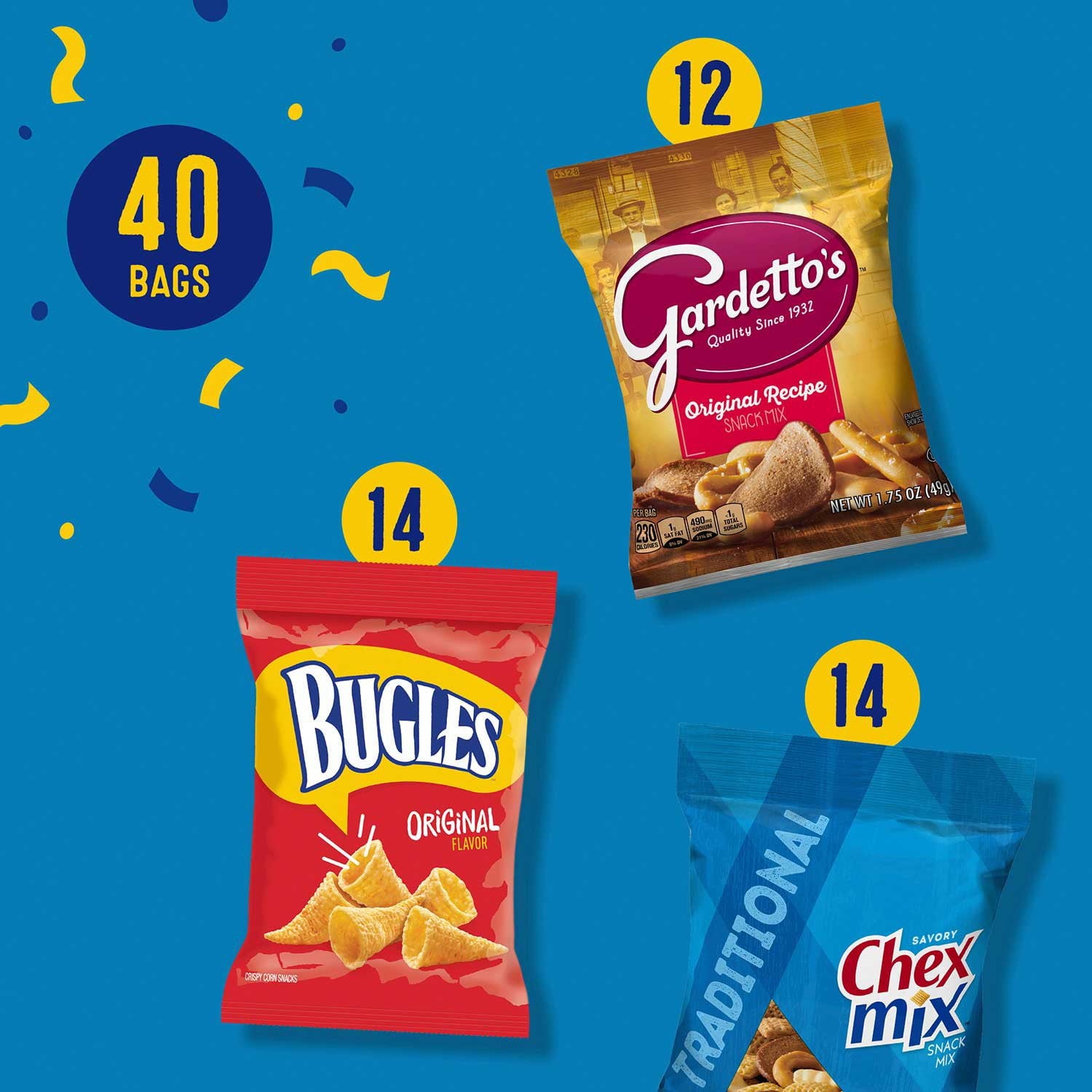 Bugles、Chex Mix &amp; Gardetto バラエティパック スナック、40 個入り。