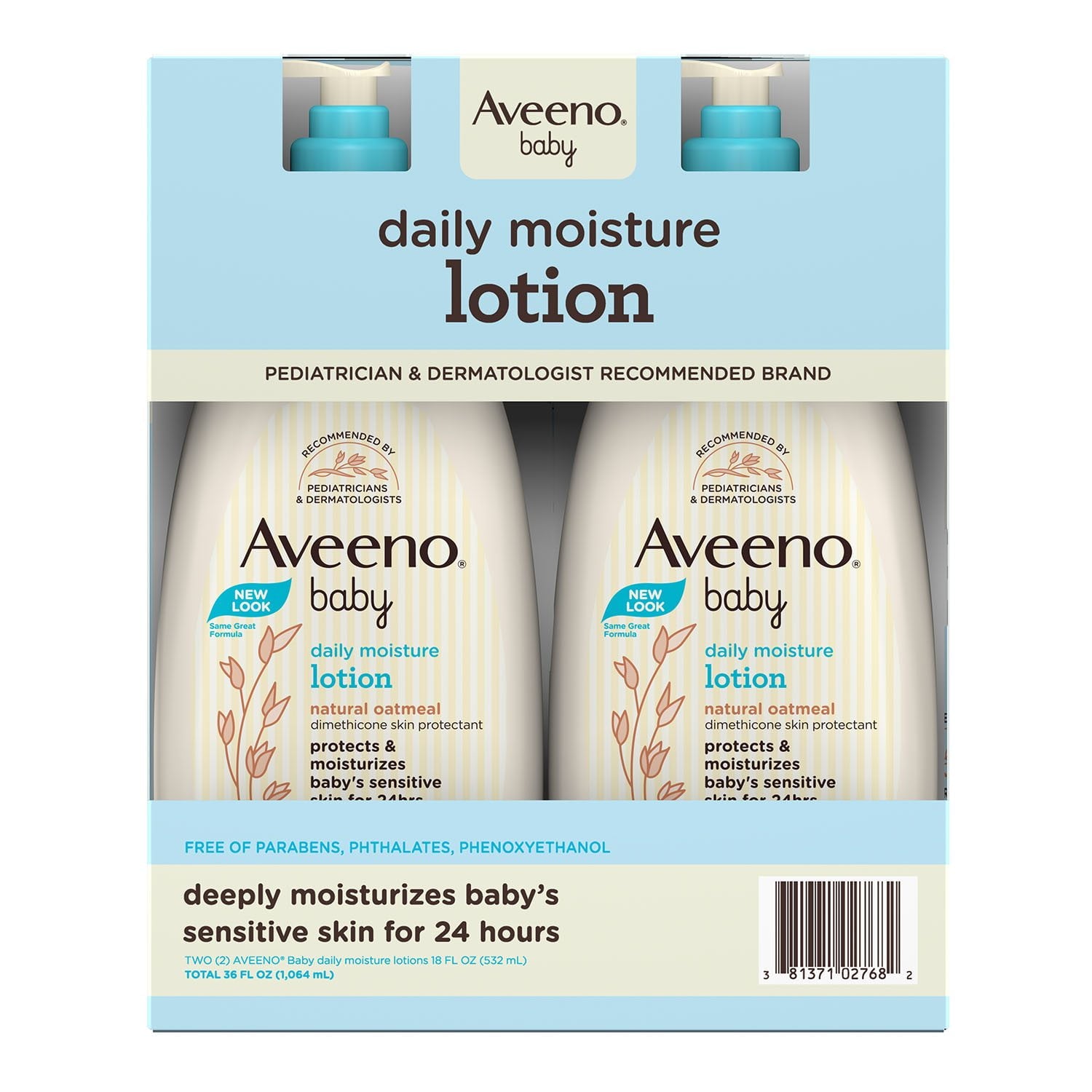 Aveeno ベビー デイリー モイスチャー ローション (ポンプ付き)、24 時間保護、18 液量オンス、2 個パック。