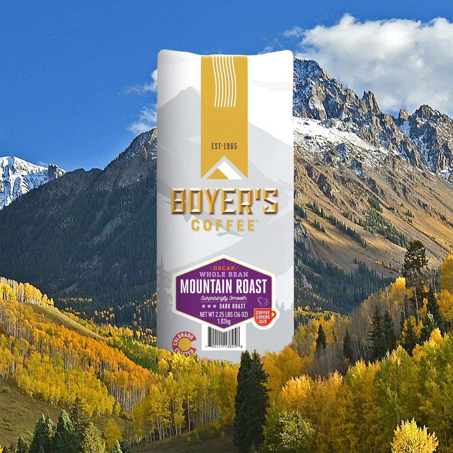 Boyer's Coffee マウンテンロースト デカフェ ダークロースト ホールビーン、36 オンス。